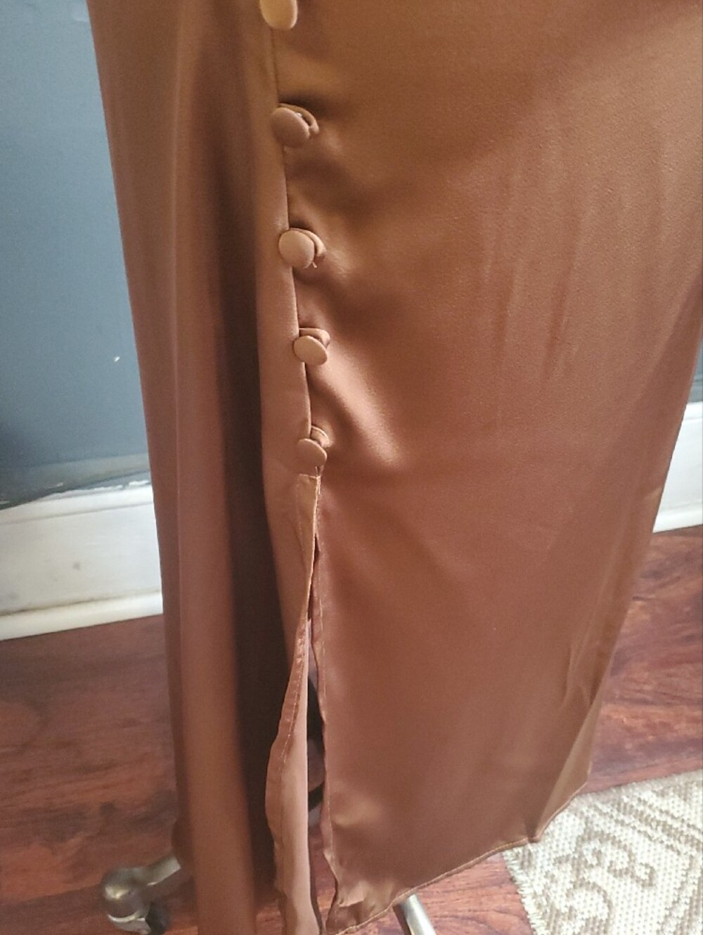 Chocolate Satin Slip Feel Slip Dress with Side Button Slit - Picture 6 of 17